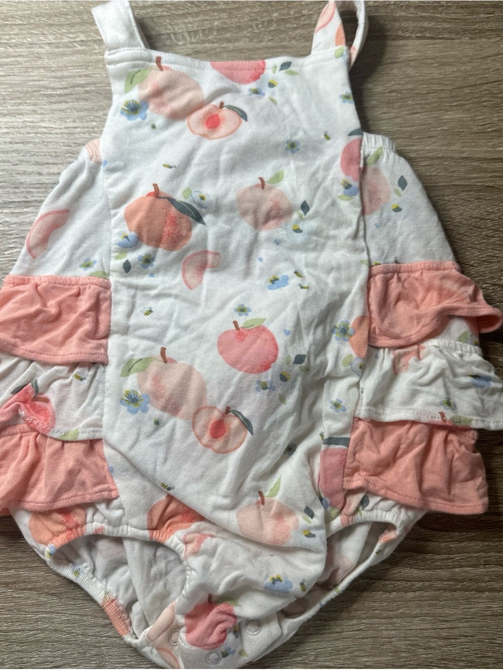 Angel Dear ruffle sunsuit peach print and pink ruffle Bamboo 6-12 Months